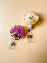 load image into gallery viewer, dried floral with shimmer and rhinestone badge reel