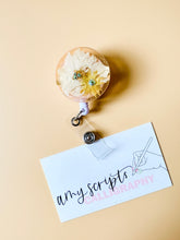 load image into gallery viewer, dried floral with shimmer and rhinestone badge reel