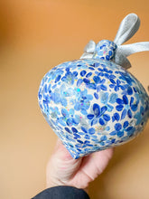 load image into gallery viewer, hand painted ceramic ornament, blue and silver
