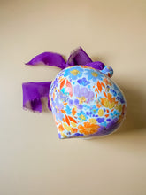 load image into gallery viewer, hand painted ceramic ornament, purple and orange with holo glitter
