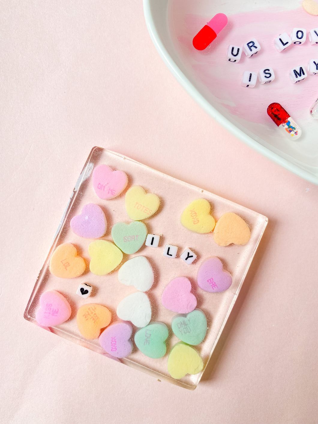 candy hearts ily coaster, square